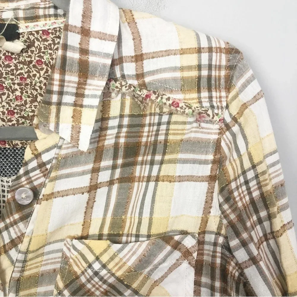 FREE PEOPLE | Park Ranger Plaid Button Down Top Knit Accents Women’s Size XS